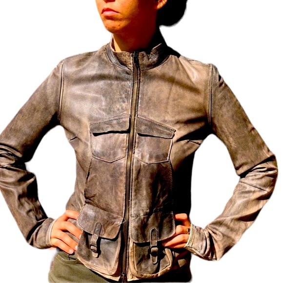 Jackets & Blazers - Blur Leather Aviator Jacket Khaki Green Cargo Pocket Bikercore